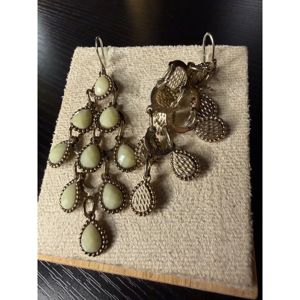 Vintage Style Cream Teardrop Chandelier Earrings Antiqued Silver Tone Boho Drop